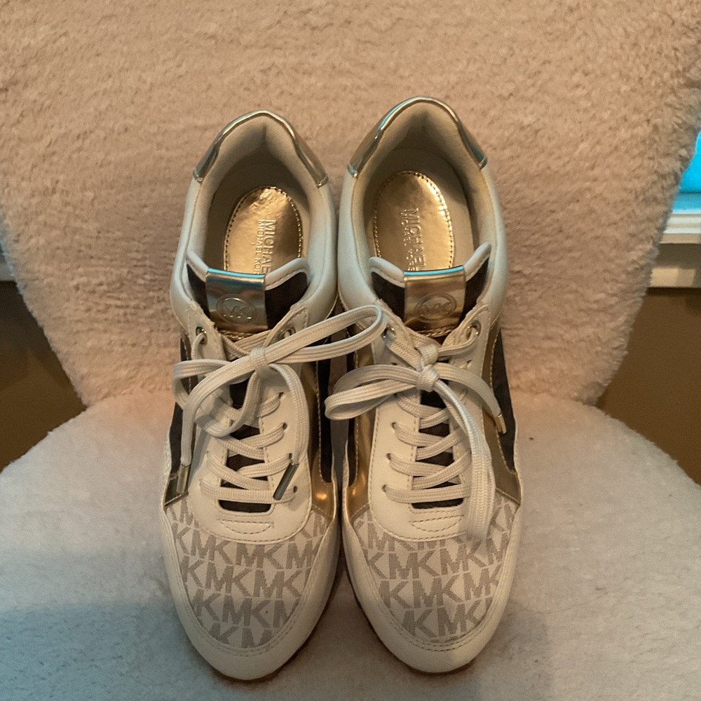 Michael Kors White and Gold Logo Sneakers